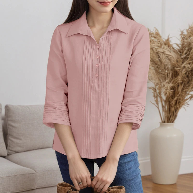 Chemises à plastron plissé pour femmes, chemisiers décontractés à plis nervurés, col rabattu, manches 3/4, demi-boutonnage, chemises femme, hauts pour trajets domicile-travail.
