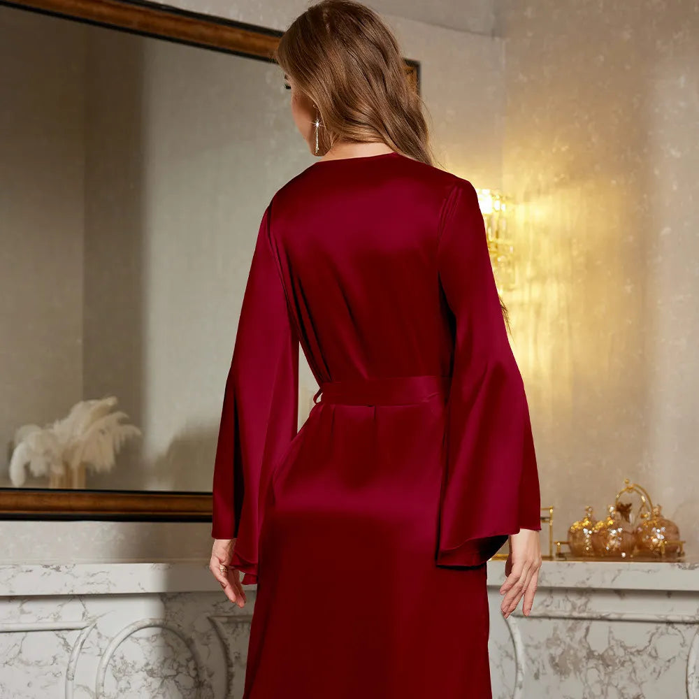 Robe de chambre en satin à manches longues pour femme, col en V, en dentelle, avec ceinture, vêtement de nuit ample