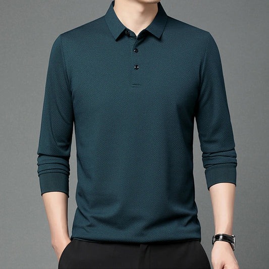 Nouveau t-shirt polo d'automne pour hommes, couleur unie, manches longues avec texture gaufrée