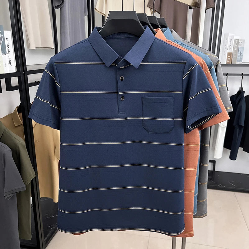 POLO Shirt Hommes Été Manches Courtes T-shirt Col à Revers Soie Glacée