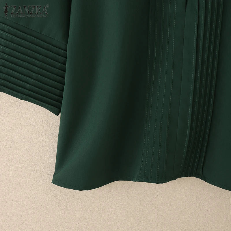 Chemises à plastron plissé pour femmes, chemisiers décontractés à plis nervurés, col rabattu, manches 3/4, demi-boutonnage, chemises femme, hauts pour trajets domicile-travail.