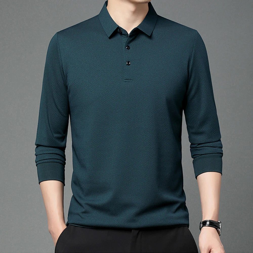 Nouveau t-shirt polo d'automne pour hommes, couleur unie, manches longues avec texture gaufrée