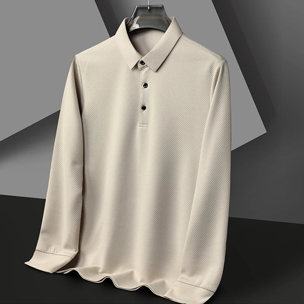 Nouveau t-shirt polo d'automne pour hommes, couleur unie, manches longues avec texture gaufrée