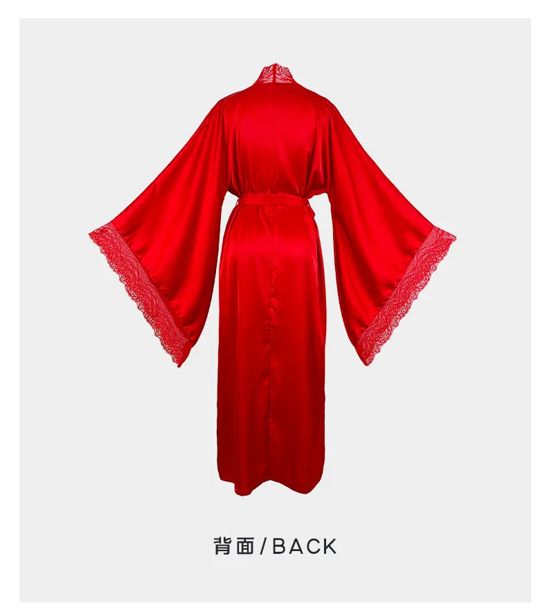 Robe de chambre ultra longue en dentelle patchwork pour femme, kimono sexy, vêtements de nuit en soie glacée