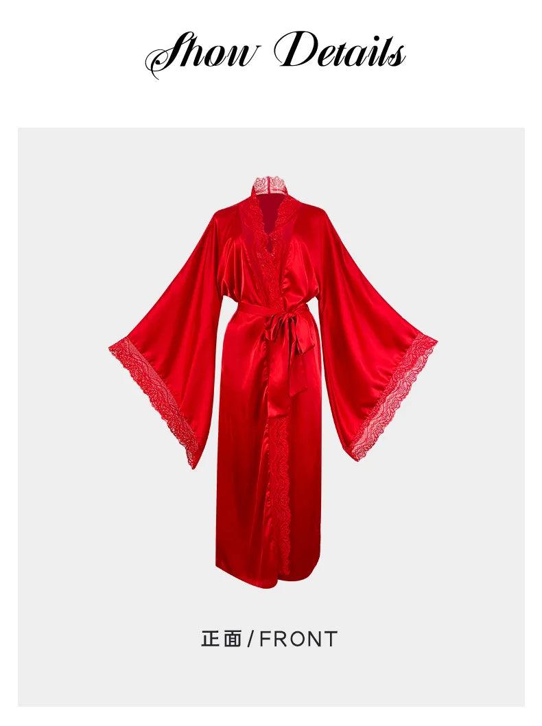 Robe de chambre ultra longue en dentelle patchwork pour femme, kimono sexy, vêtements de nuit en soie glacée