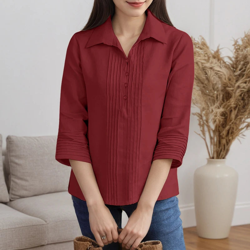 Chemises à plastron plissé pour femmes, chemisiers décontractés à plis nervurés, col rabattu, manches 3/4, demi-boutonnage, chemises femme, hauts pour trajets domicile-travail.