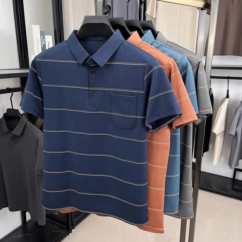 POLO Shirt Hommes Été Manches Courtes T-shirt Col à Revers Soie Glacée