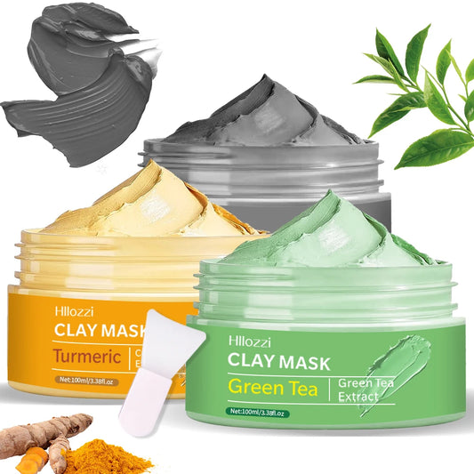 Une variété de masques d'argile, thé vert, curcuma, boue de la mer morte, blanchissant et hydratant, nettoyage en profondeur des pores, contrôle de l'huile et mo