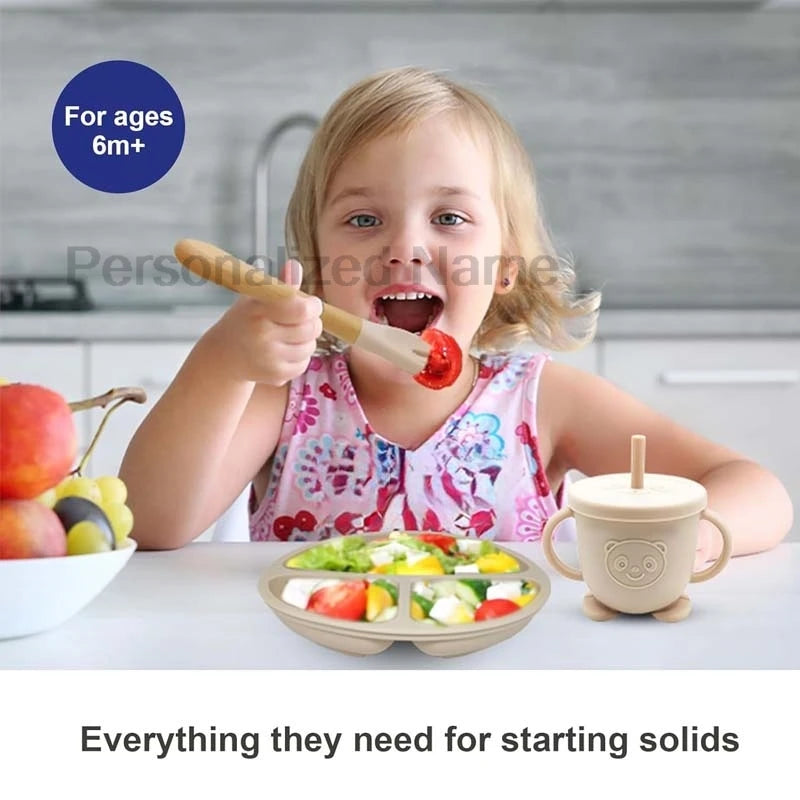 Ensemble de Vaisselle Personnalisé pour Bébé - Set Silicone 8 Pièces avec Nom Gravé - Sans BPA