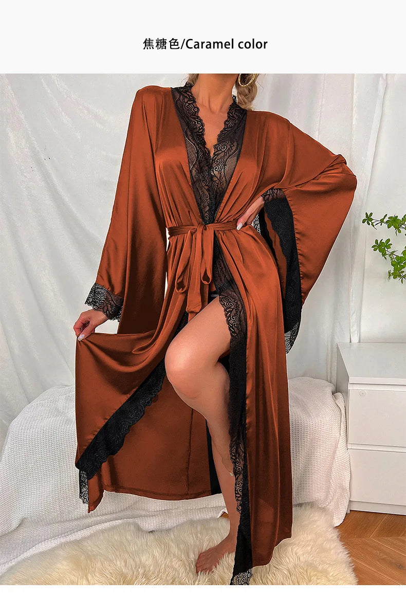 Robe de chambre ultra longue en dentelle patchwork pour femme, kimono sexy, vêtements de nuit en soie glacée