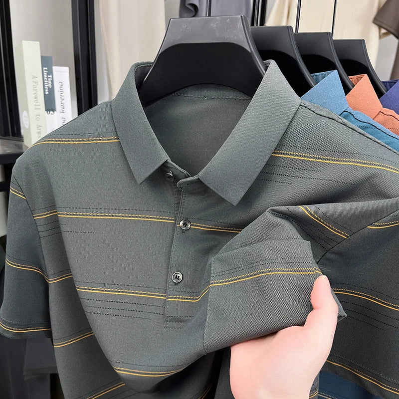 POLO Shirt Hommes Été Manches Courtes T-shirt Col à Revers Soie Glacée