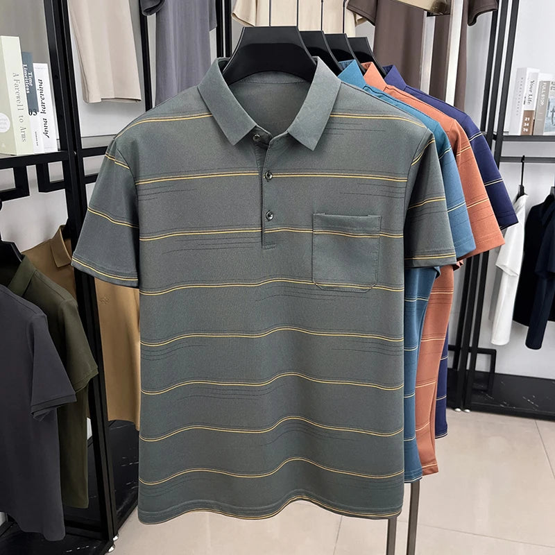 POLO Shirt Hommes Été Manches Courtes T-shirt Col à Revers Soie Glacée