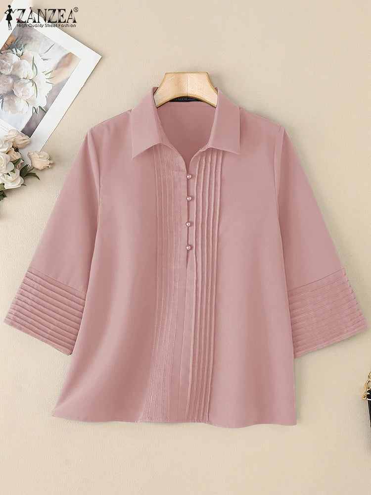 Chemises à plastron plissé pour femmes, chemisiers décontractés à plis nervurés, col rabattu, manches 3/4, demi-boutonnage, chemises femme, hauts pour trajets domicile-travail.