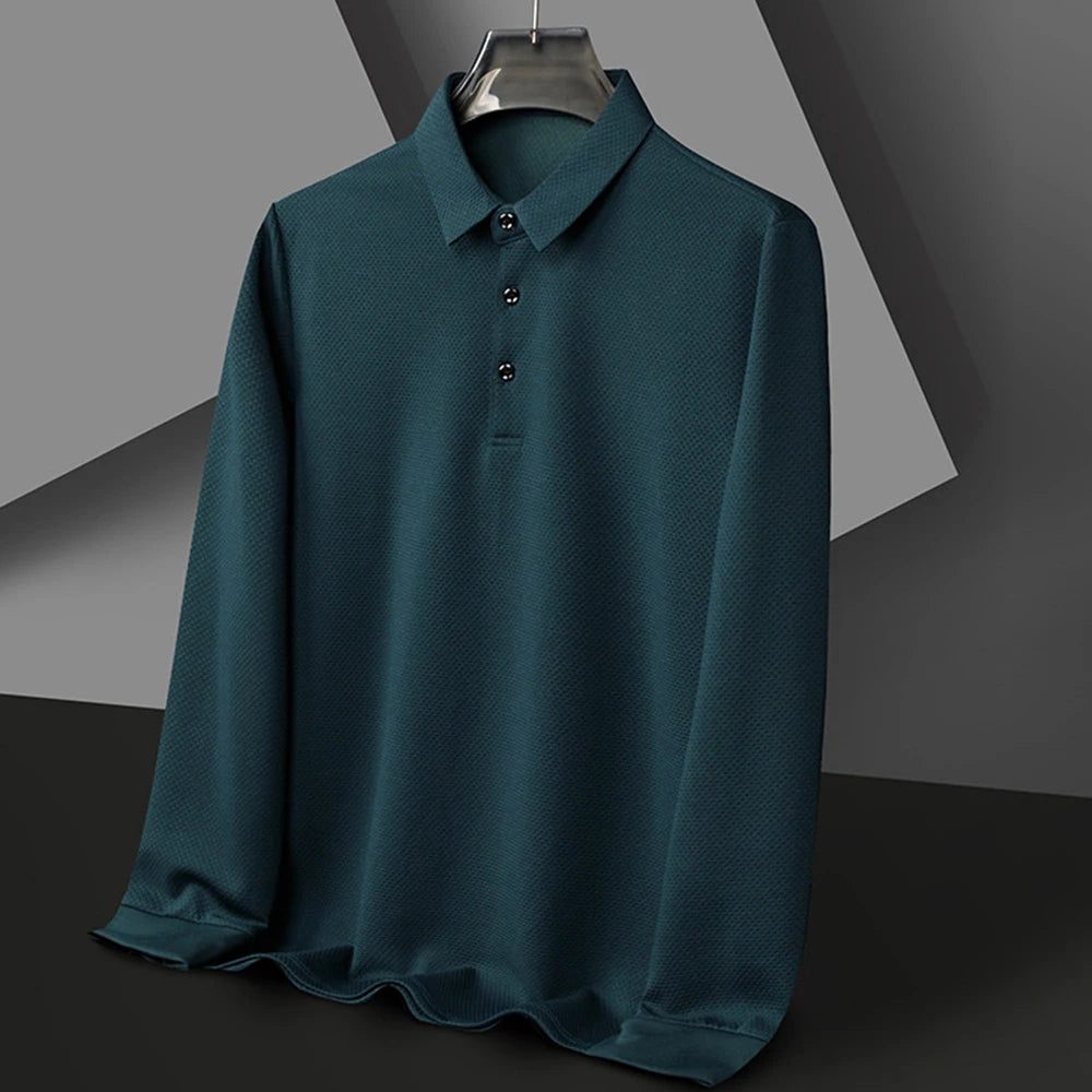Nouveau t-shirt polo d'automne pour hommes, couleur unie, manches longues avec texture gaufrée