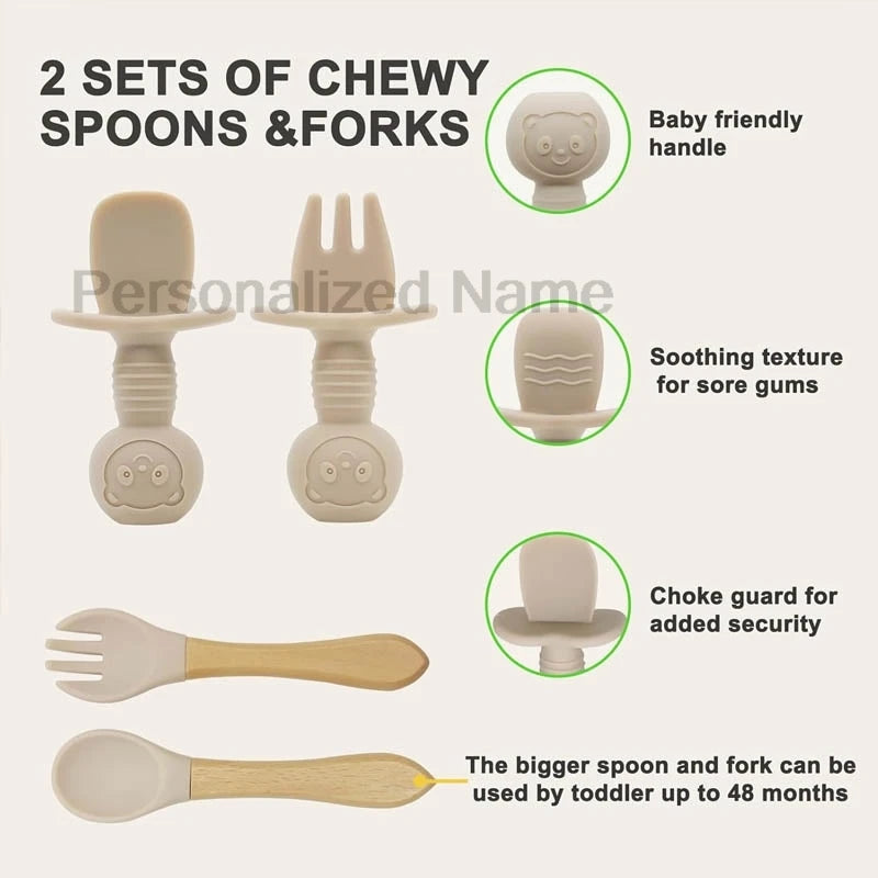 Ensemble de Vaisselle Personnalisé pour Bébé - Set Silicone 8 Pièces avec Nom Gravé - Sans BPA