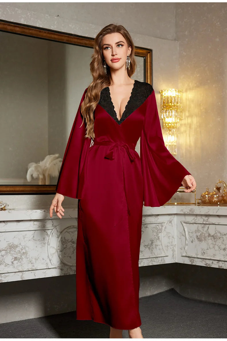 Robe de chambre en satin à manches longues pour femme, col en V, en dentelle, avec ceinture, vêtement de nuit ample
