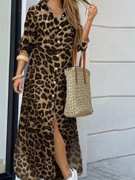 Robe-chemise imprimée mode pour femmes, robe décontractée à manches longues avec boutons et coupe ample