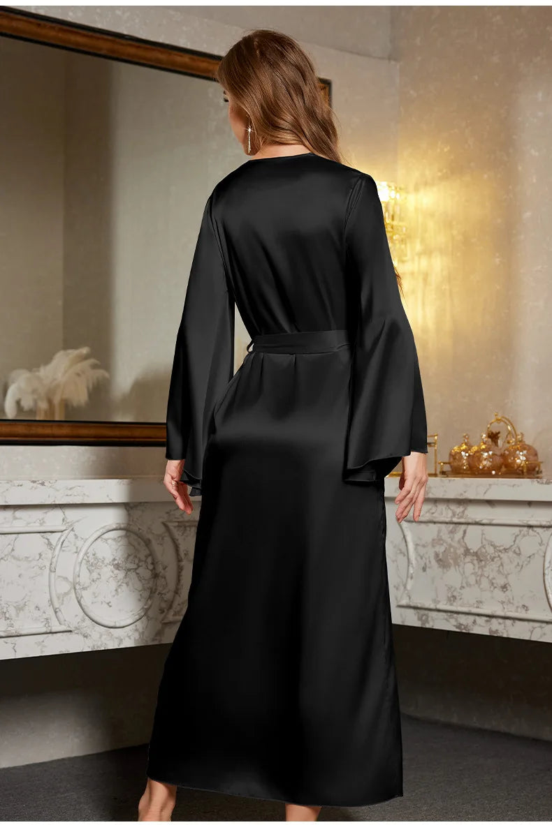 Robe de chambre en satin à manches longues pour femme, col en V, en dentelle, avec ceinture, vêtement de nuit ample