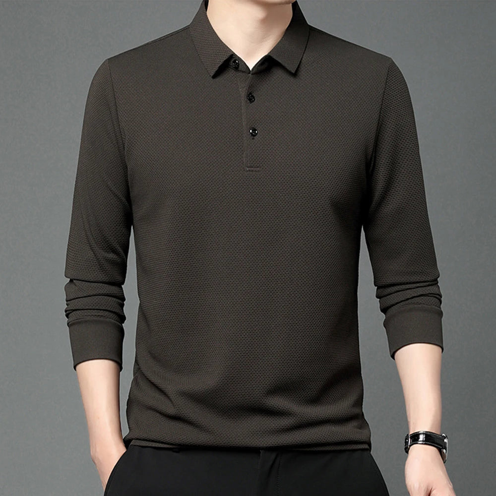 Nouveau t-shirt polo d'automne pour hommes, couleur unie, manches longues avec texture gaufrée