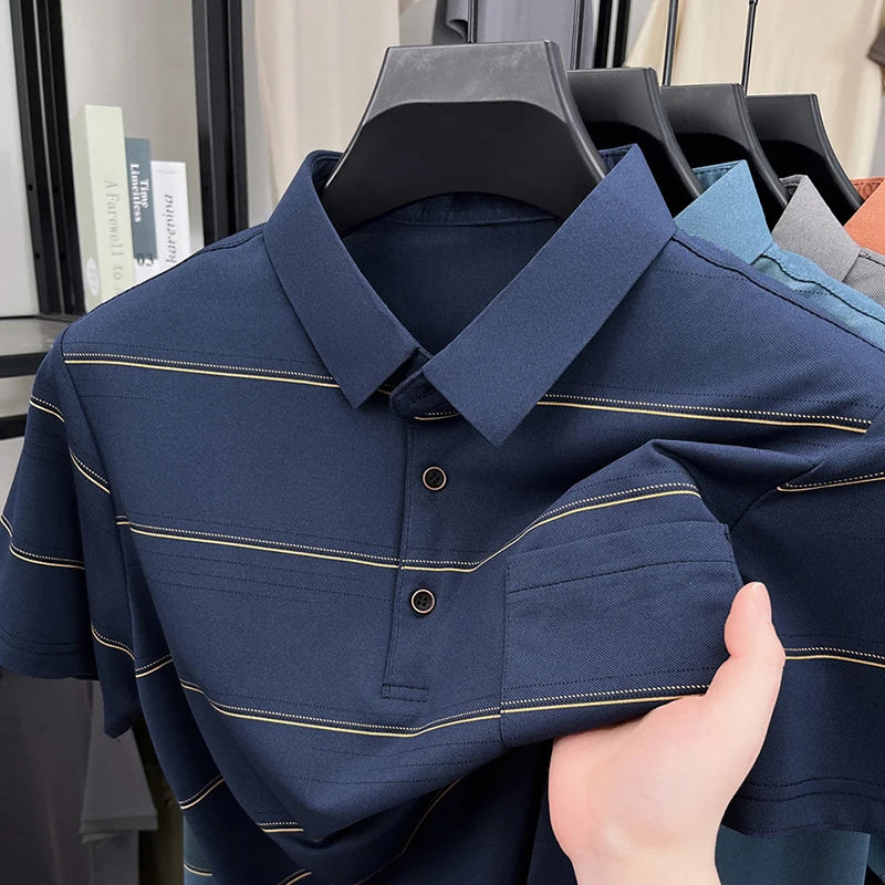 POLO Shirt Hommes Été Manches Courtes T-shirt Col à Revers Soie Glacée