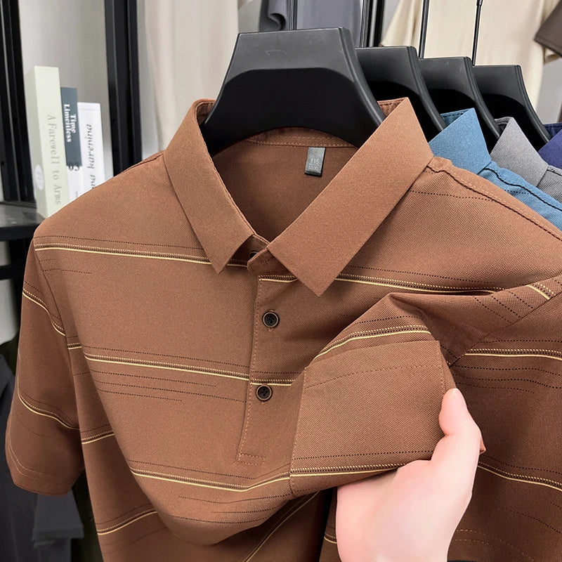 POLO Shirt Hommes Été Manches Courtes T-shirt Col à Revers Soie Glacée