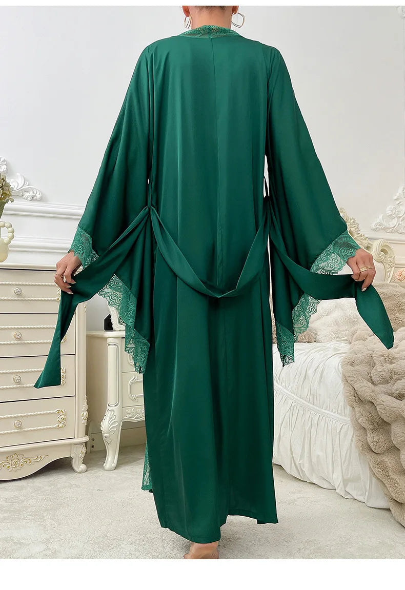 Robe de chambre ultra longue en dentelle patchwork pour femme, kimono sexy, vêtements de nuit en soie glacée