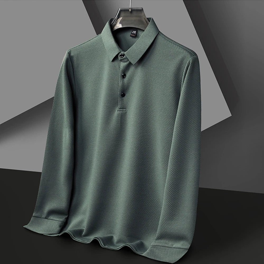 Nouveau t-shirt polo d'automne pour hommes, couleur unie, manches longues avec texture gaufrée