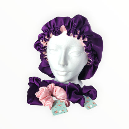 Bonnet de Nuit Satin Réversible - Ensemble Bandeau et Chouchous