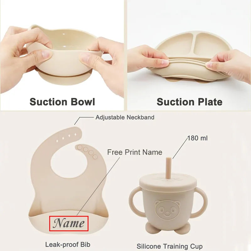 Ensemble de Vaisselle Personnalisé pour Bébé - Set Silicone 8 Pièces avec Nom Gravé - Sans BPA