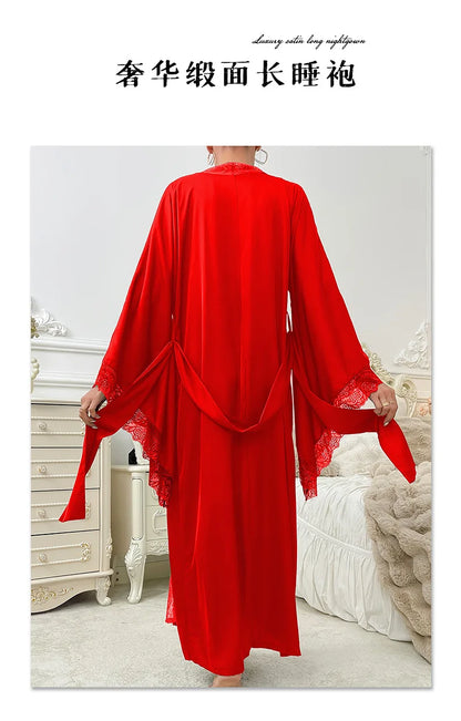 Robe de chambre ultra longue en dentelle patchwork pour femme, kimono sexy, vêtements de nuit en soie glacée