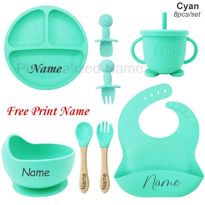 Ensemble de Vaisselle Personnalisé pour Bébé - Set Silicone 8 Pièces avec Nom Gravé - Sans BPA