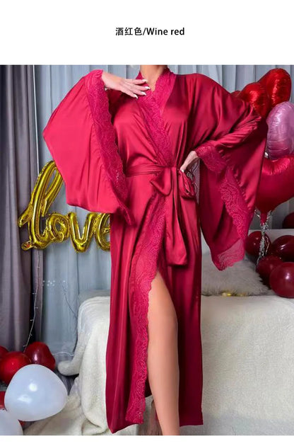 Robe de chambre ultra longue en dentelle patchwork pour femme, kimono sexy, vêtements de nuit en soie glacée