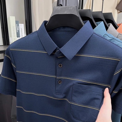 POLO Shirt Hommes Été Manches Courtes T-shirt Col à Revers Soie Glacée