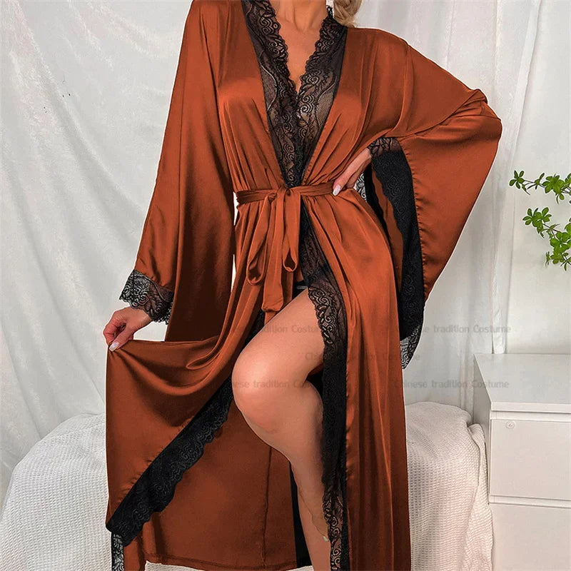 Robe de chambre ultra longue en dentelle patchwork pour femme, kimono sexy, vêtements de nuit en soie glacée