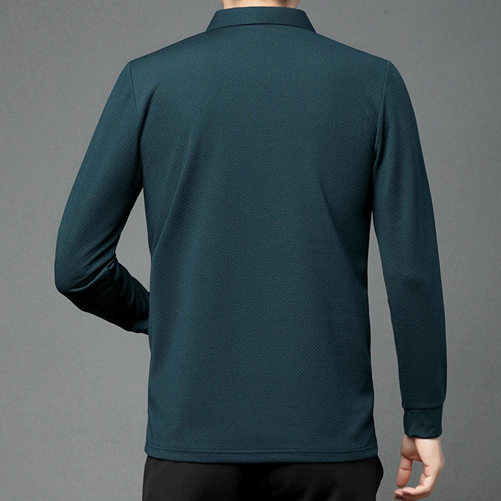 Nouveau t-shirt polo d'automne pour hommes, couleur unie, manches longues avec texture gaufrée