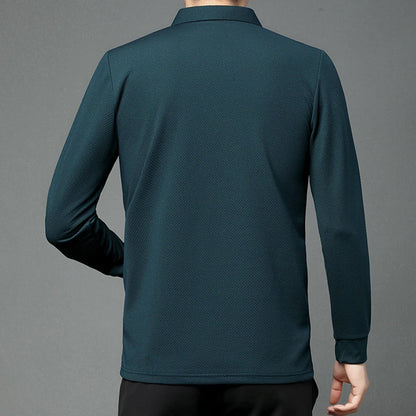 Nouveau t-shirt polo d'automne pour hommes, couleur unie, manches longues avec texture gaufrée