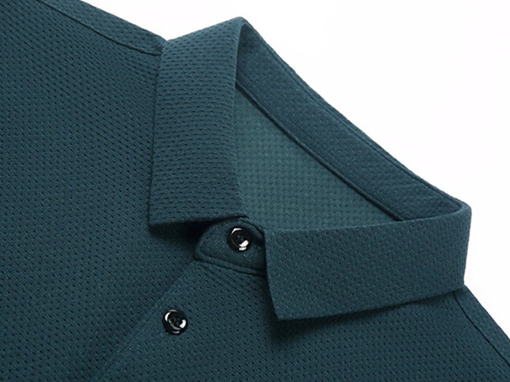 Nouveau t-shirt polo d'automne pour hommes, couleur unie, manches longues avec texture gaufrée