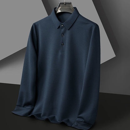 Nouveau t-shirt polo d'automne pour hommes, couleur unie, manches longues avec texture gaufrée