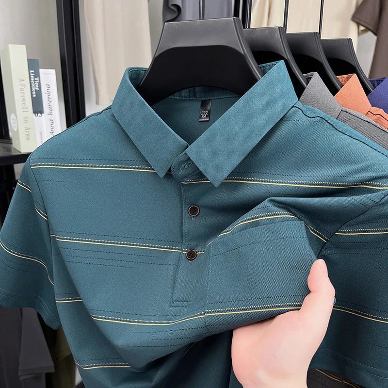 POLO Shirt Hommes Été Manches Courtes T-shirt Col à Revers Soie Glacée