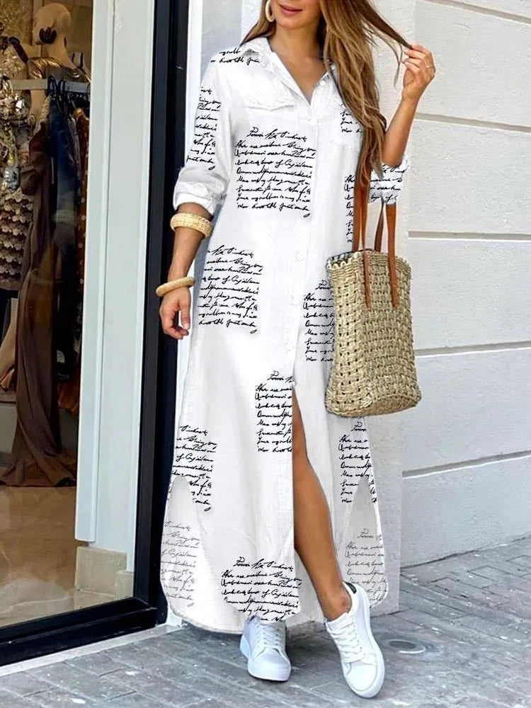 Robe-chemise imprimée mode pour femmes, robe décontractée à manches longues avec boutons et coupe ample