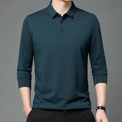 Nouveau t-shirt polo d'automne pour hommes, couleur unie, manches longues avec texture gaufrée