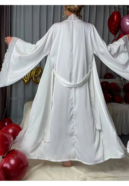 Robe de chambre ultra longue en dentelle patchwork pour femme, kimono sexy, vêtements de nuit en soie glacée