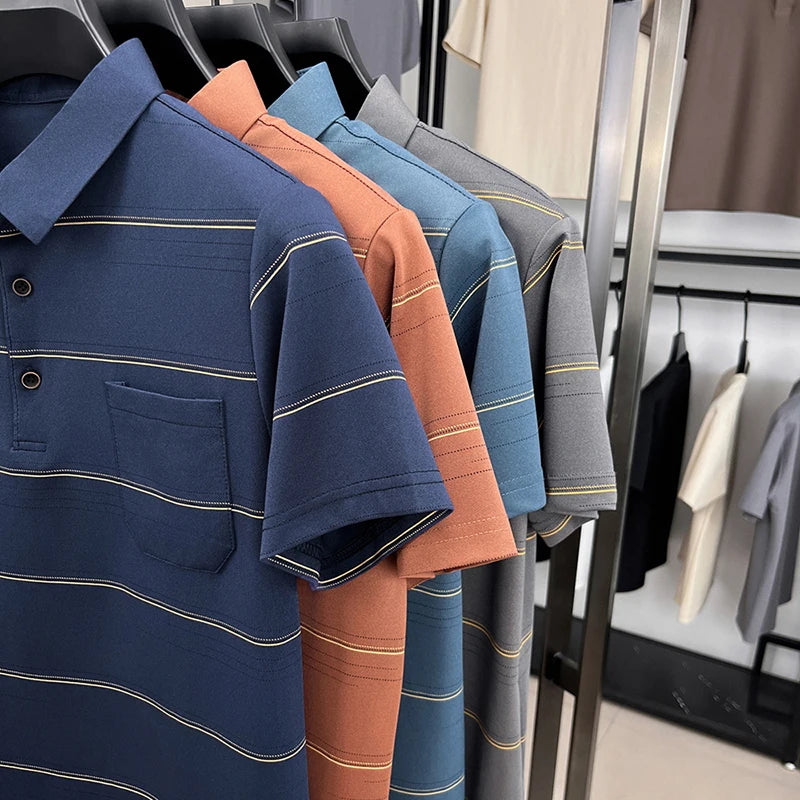 POLO Shirt Hommes Été Manches Courtes T-shirt Col à Revers Soie Glacée