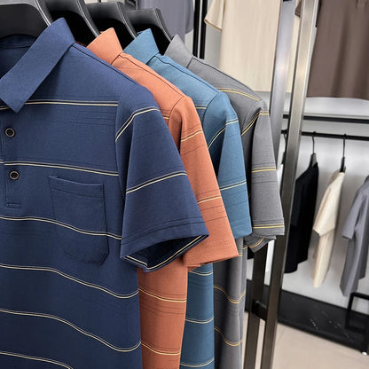 POLO Shirt Hommes Été Manches Courtes T-shirt Col à Revers Soie Glacée