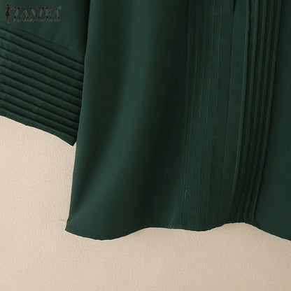 Chemises à plastron plissé pour femmes, chemisiers décontractés à plis nervurés, col rabattu, manches 3/4, demi-boutonnage, chemises femme, hauts pour trajets domicile-travail.