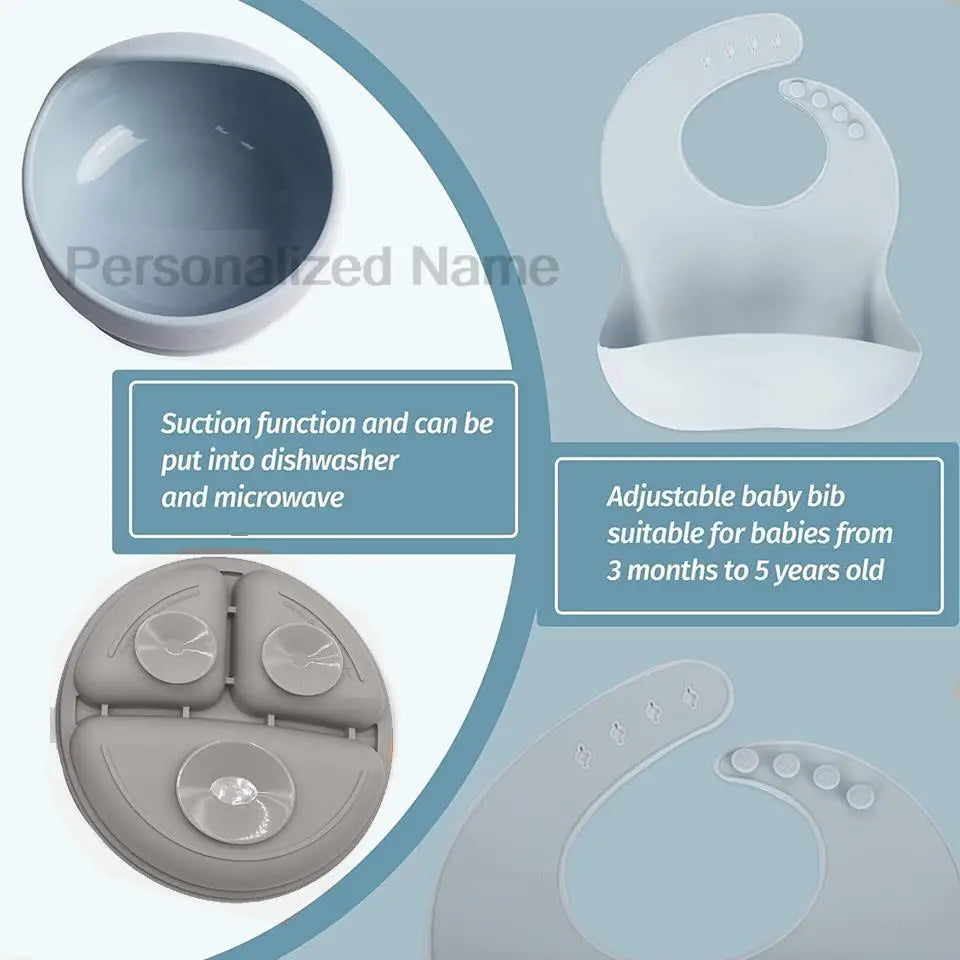 Ensemble de Vaisselle Personnalisé pour Bébé - Set Silicone 8 Pièces avec Nom Gravé - Sans BPA