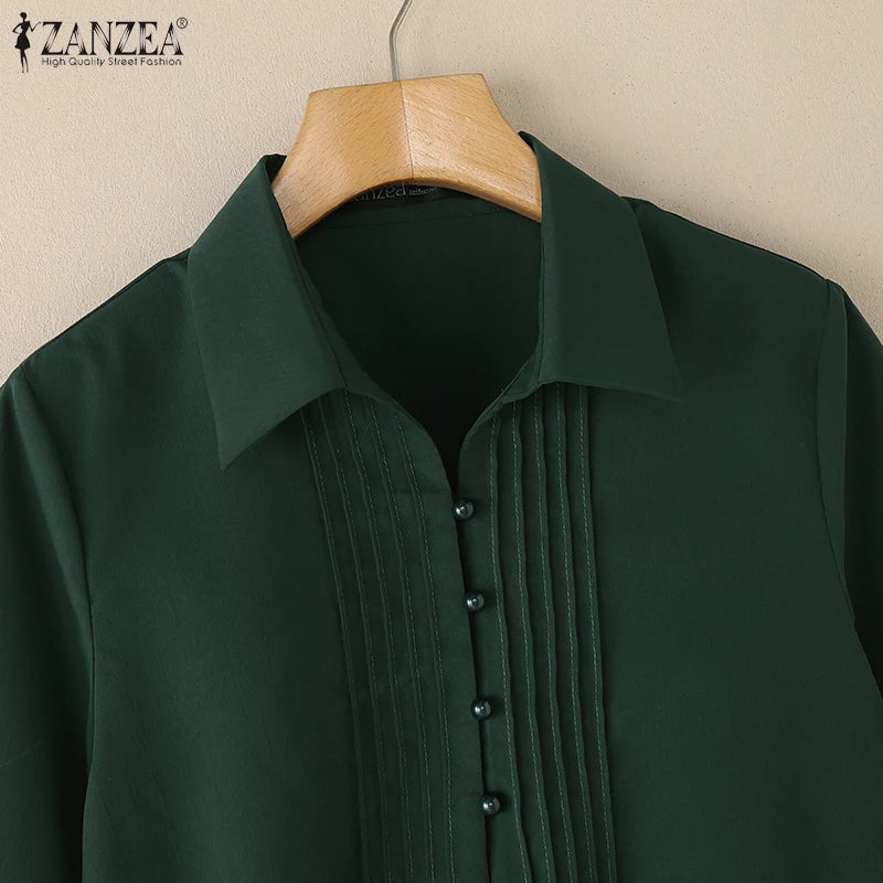 Chemises à plastron plissé pour femmes, chemisiers décontractés à plis nervurés, col rabattu, manches 3/4, demi-boutonnage, chemises femme, hauts pour trajets domicile-travail.