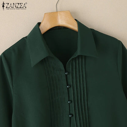 Chemises à plastron plissé pour femmes, chemisiers décontractés à plis nervurés, col rabattu, manches 3/4, demi-boutonnage, chemises femme, hauts pour trajets domicile-travail.