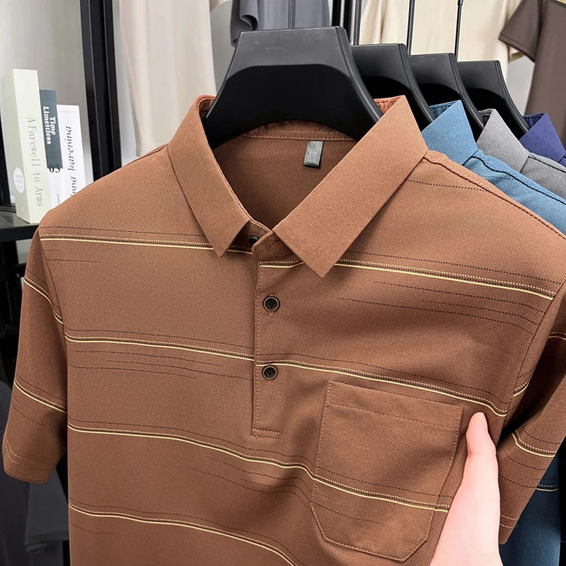 POLO Shirt Hommes Été Manches Courtes T-shirt Col à Revers Soie Glacée