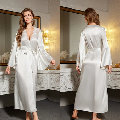 Robe de chambre en satin à manches longues pour femme, col en V, en dentelle, avec ceinture, vêtement de nuit ample
